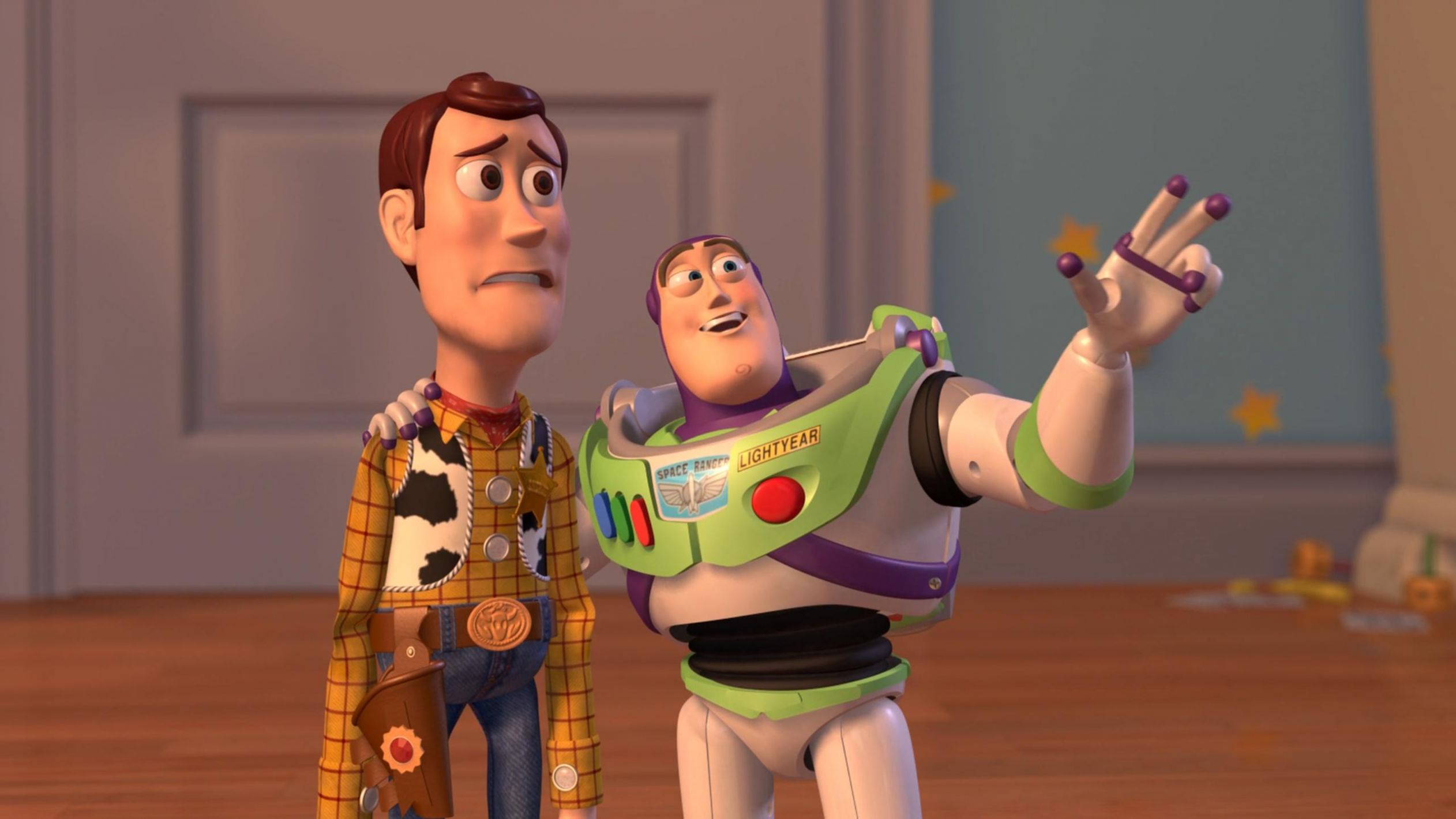 Woody and Buzz Lightyear Everywhere Widescreen Meme Preview Image