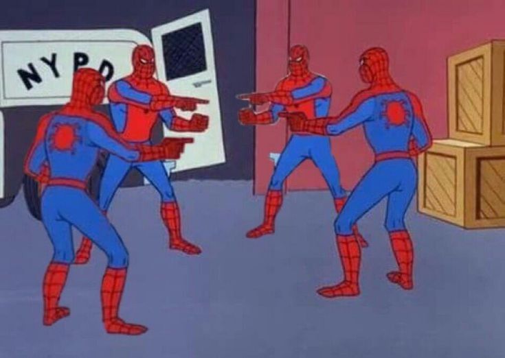 4 Spiderman pointing at each other Meme Preview Image